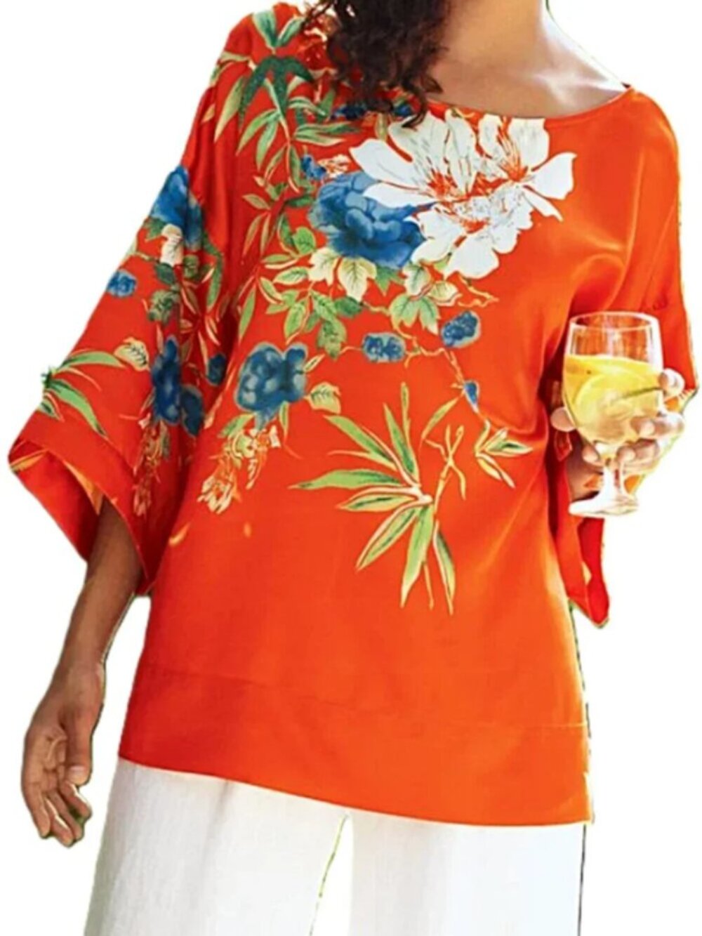 Soft Surroundings Orange Satin Floral kimono Sleve Top size L